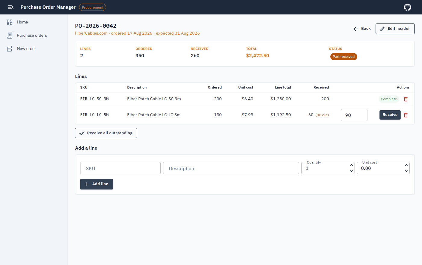 Purchase order with line items and a partial receipt
