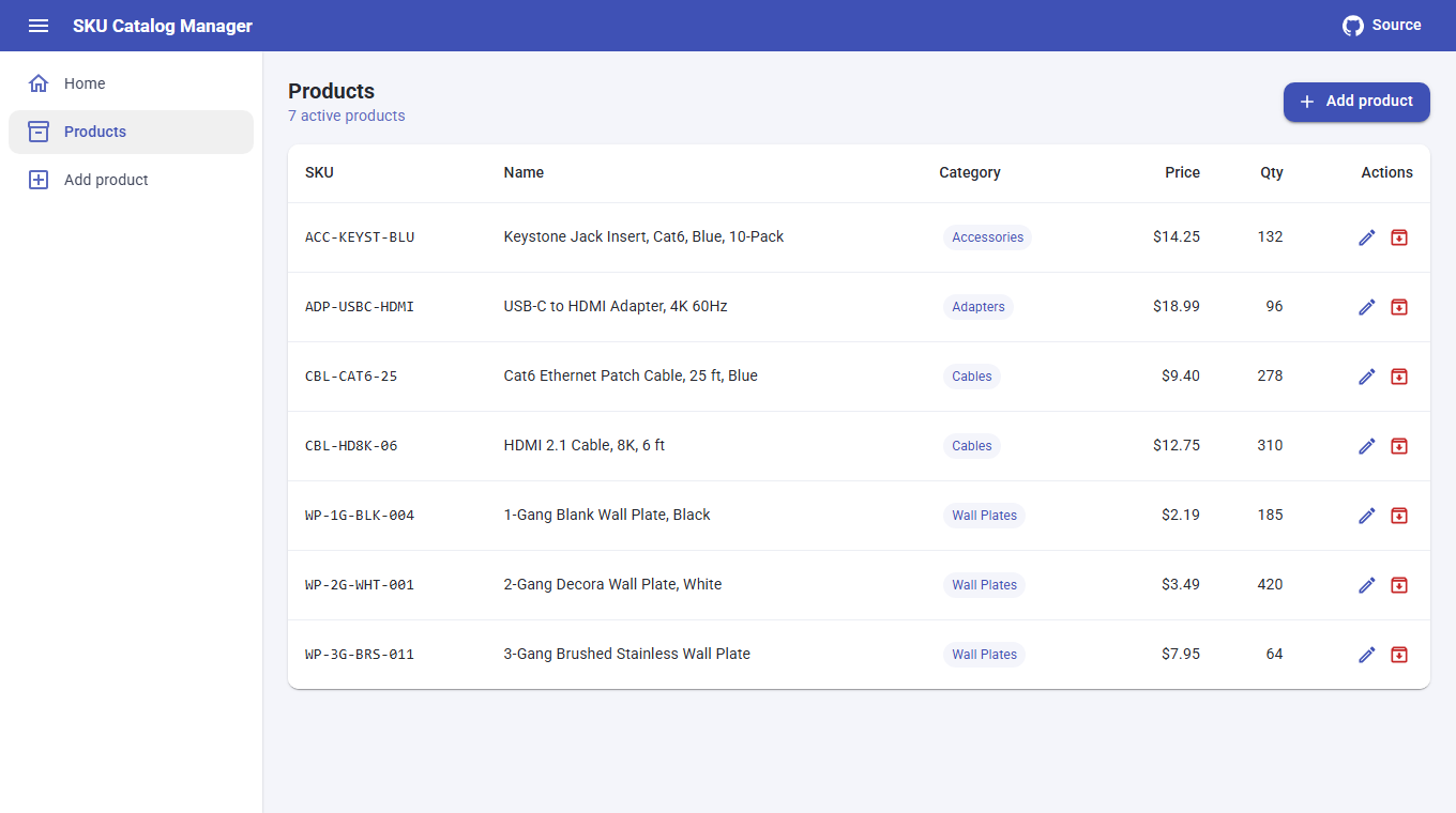 SKU Catalog Manager product list