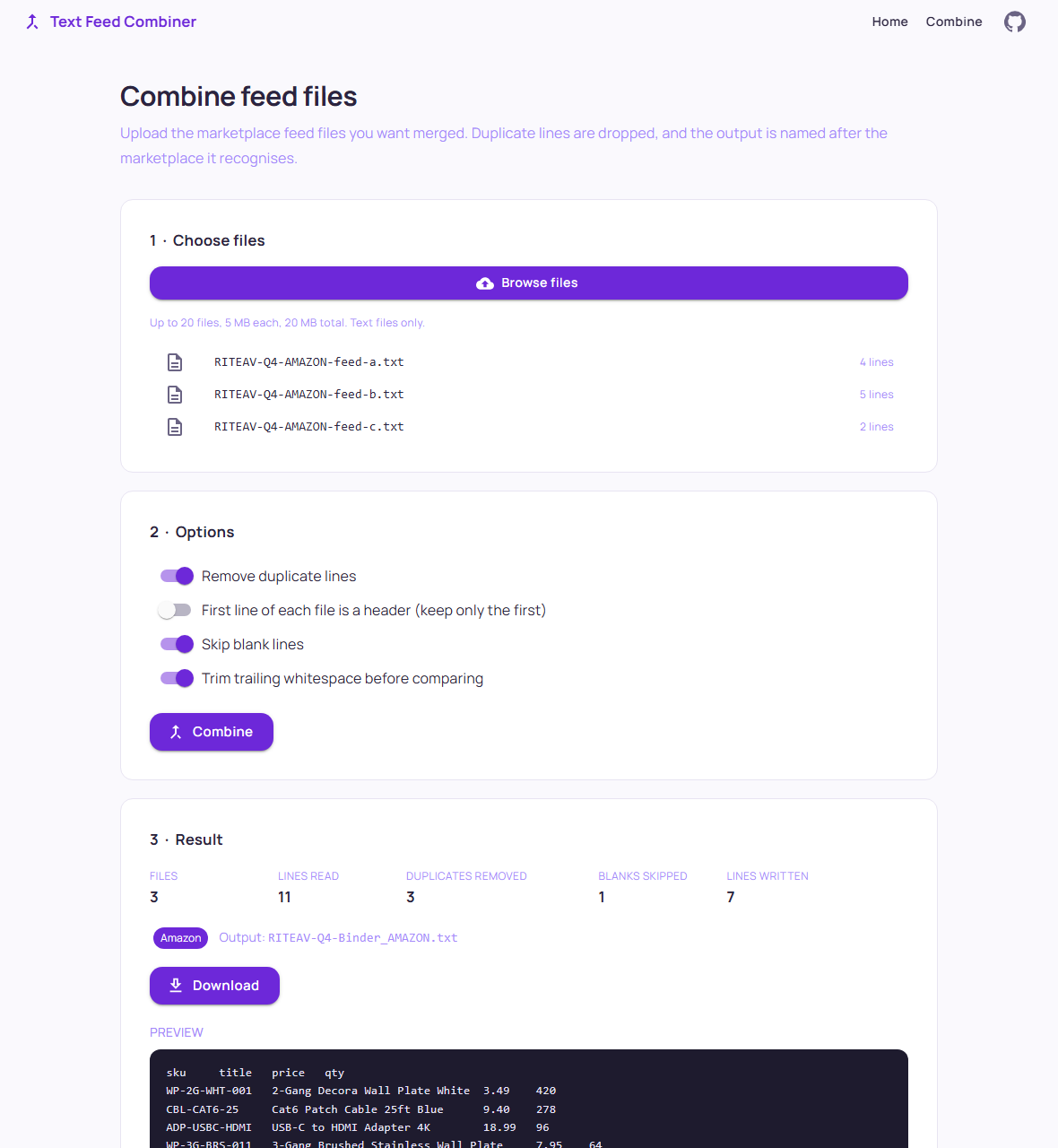 Combined feed result with duplicate statistics