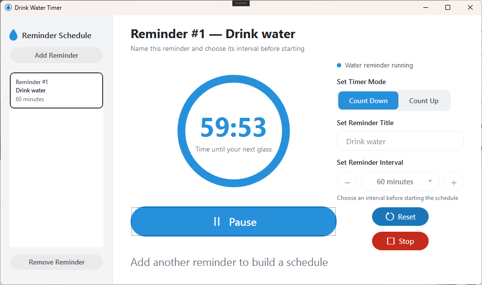 Drink Water Timer counting down from sixty minutes with pause, reset and stop buttons