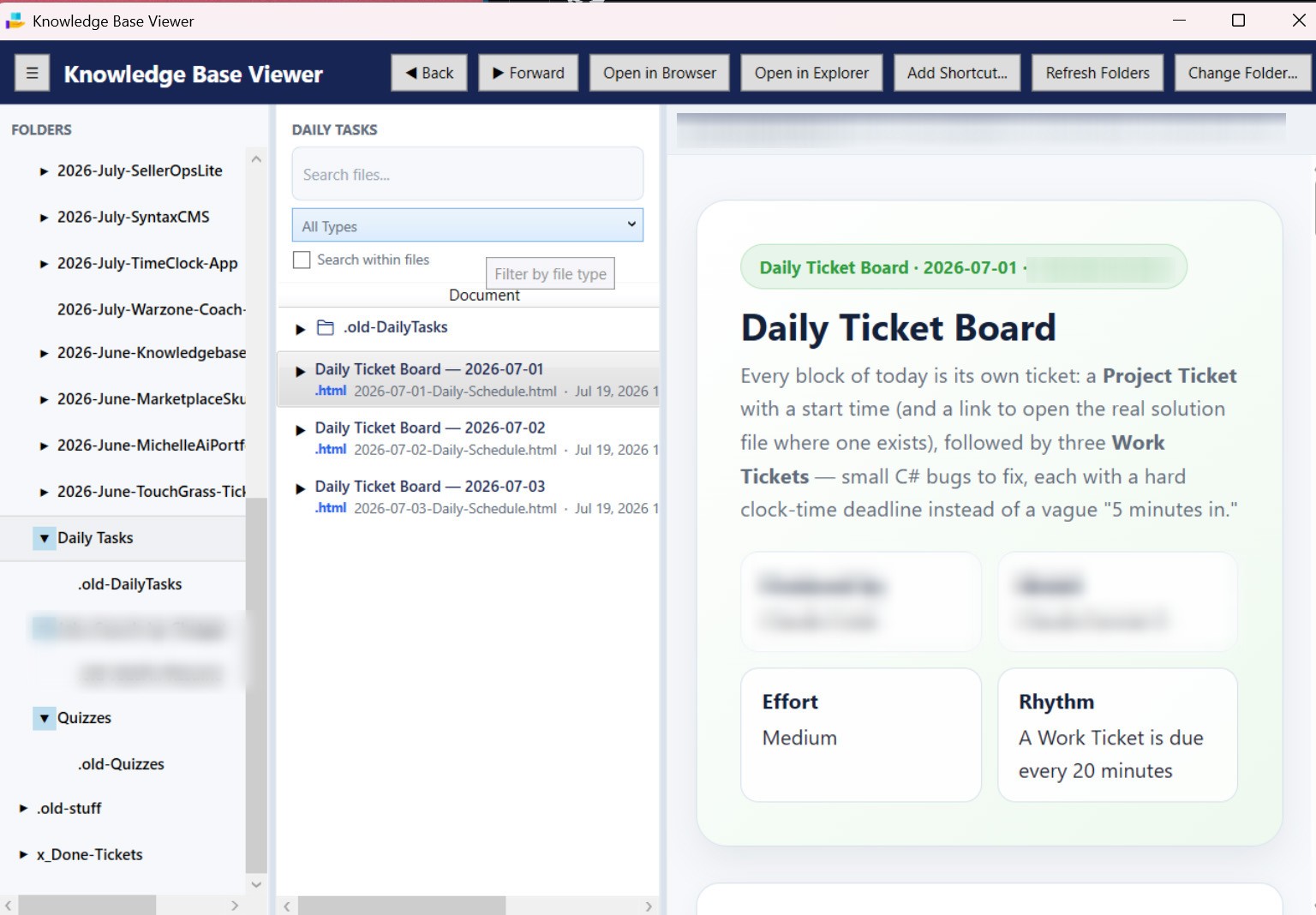 Knowledge Base Viewer with folder tree, document list and a rendered page preview