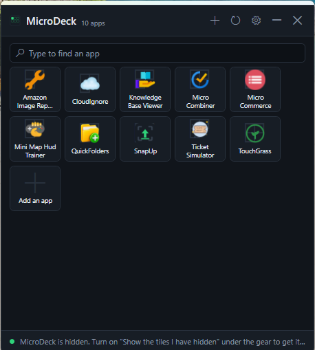 MicroDeck window with ten app tiles, a search box and an add an app tile