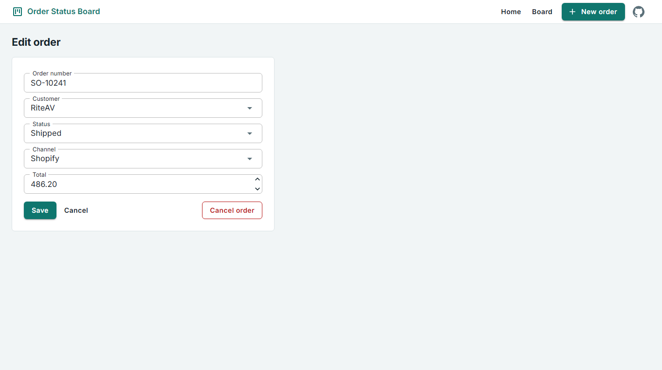 Edit order form with order number, customer, status, channel and total fields