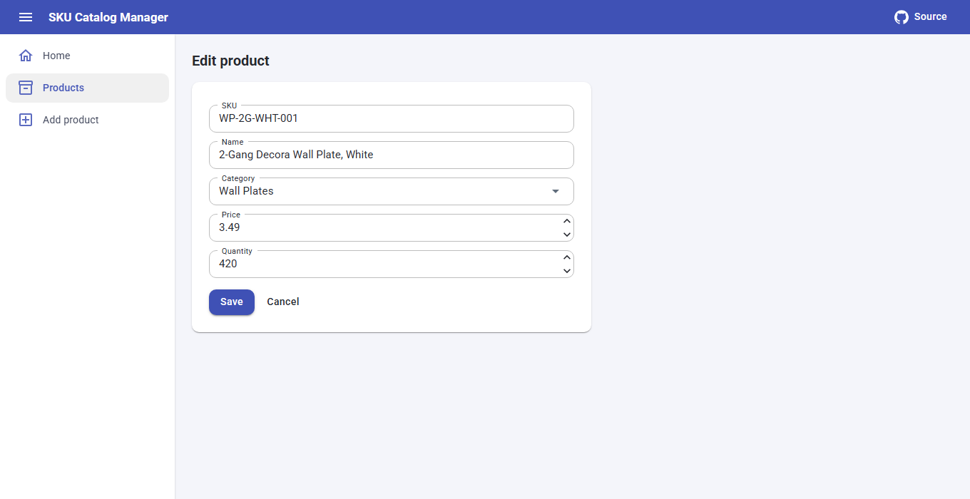 Edit product form with SKU, name, category, price and quantity fields