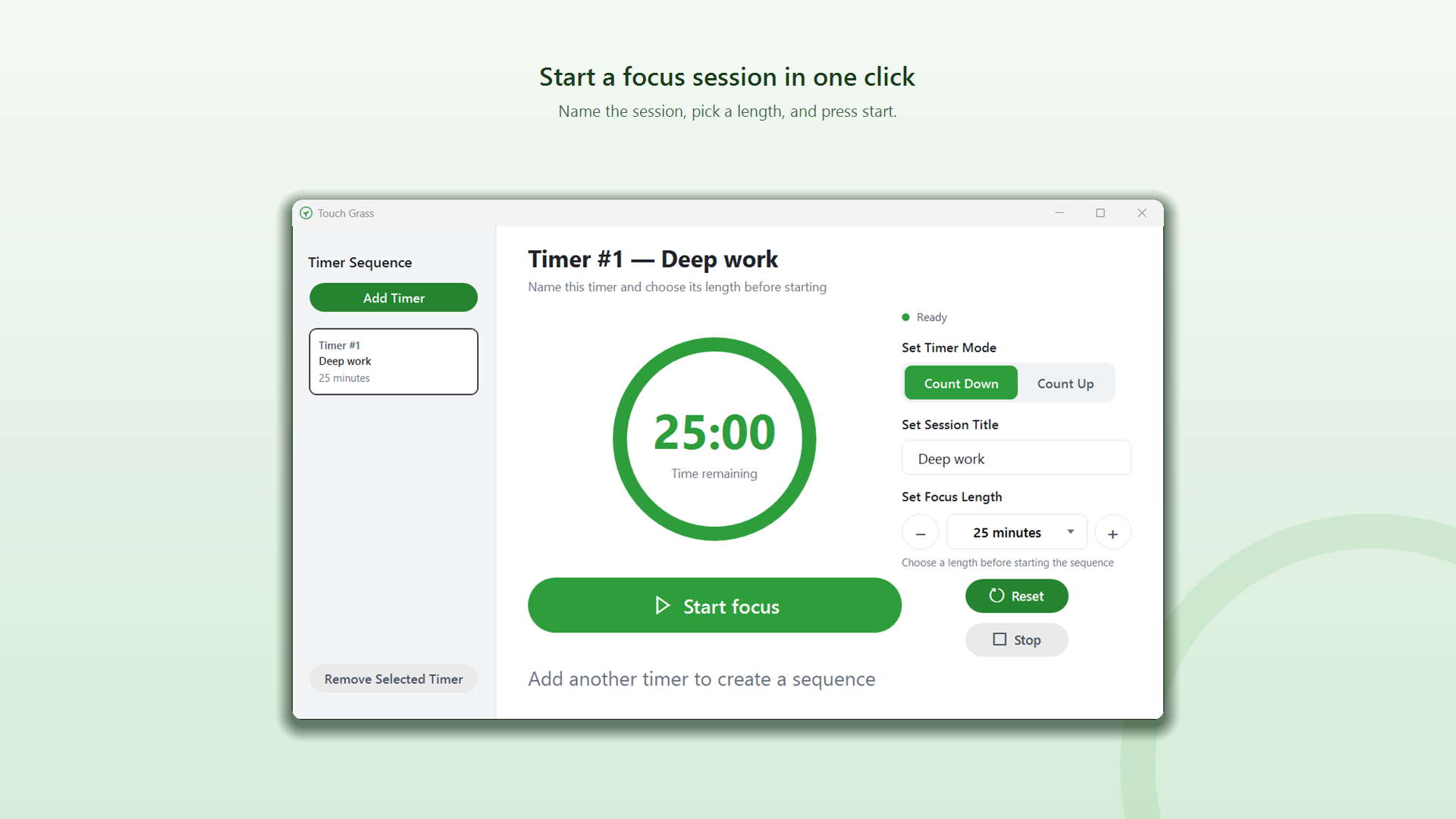 Touch Grass timer set to twenty five minutes with a start focus button