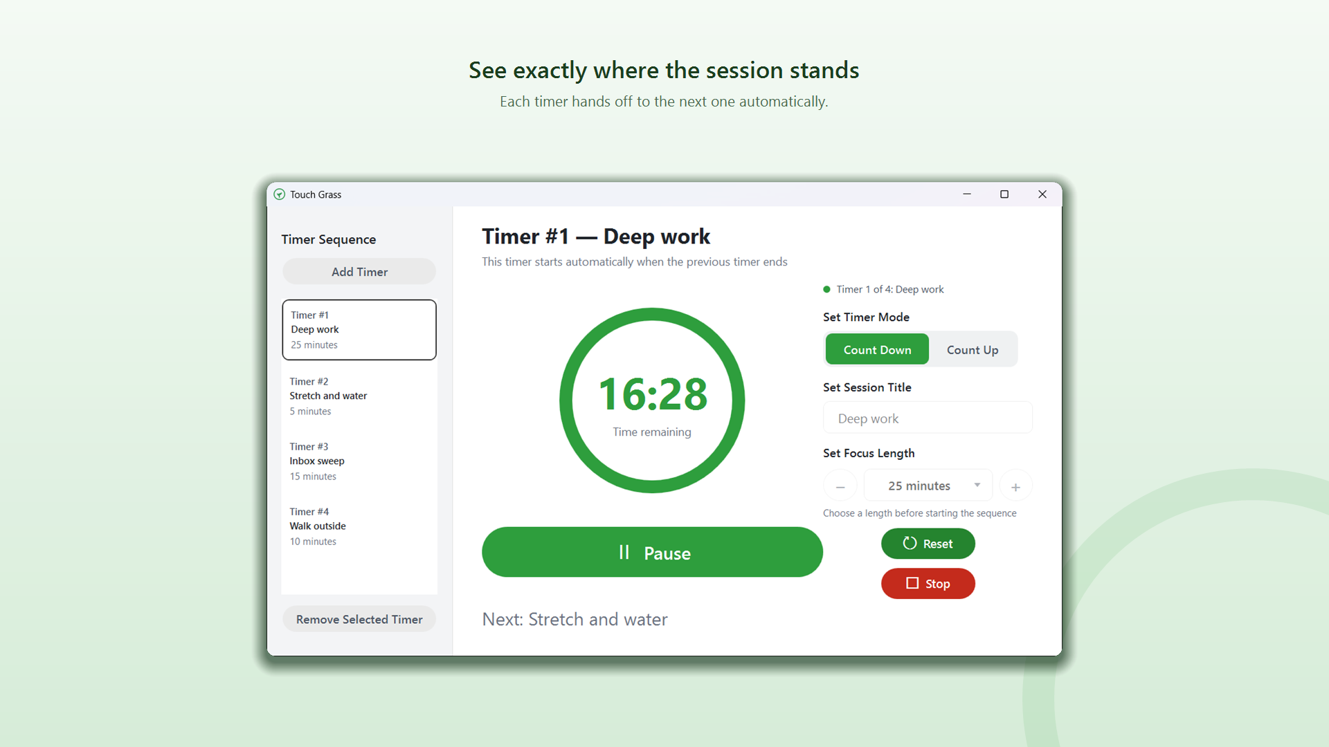 Running timer showing sixteen minutes left, timer one of four, pause and stop