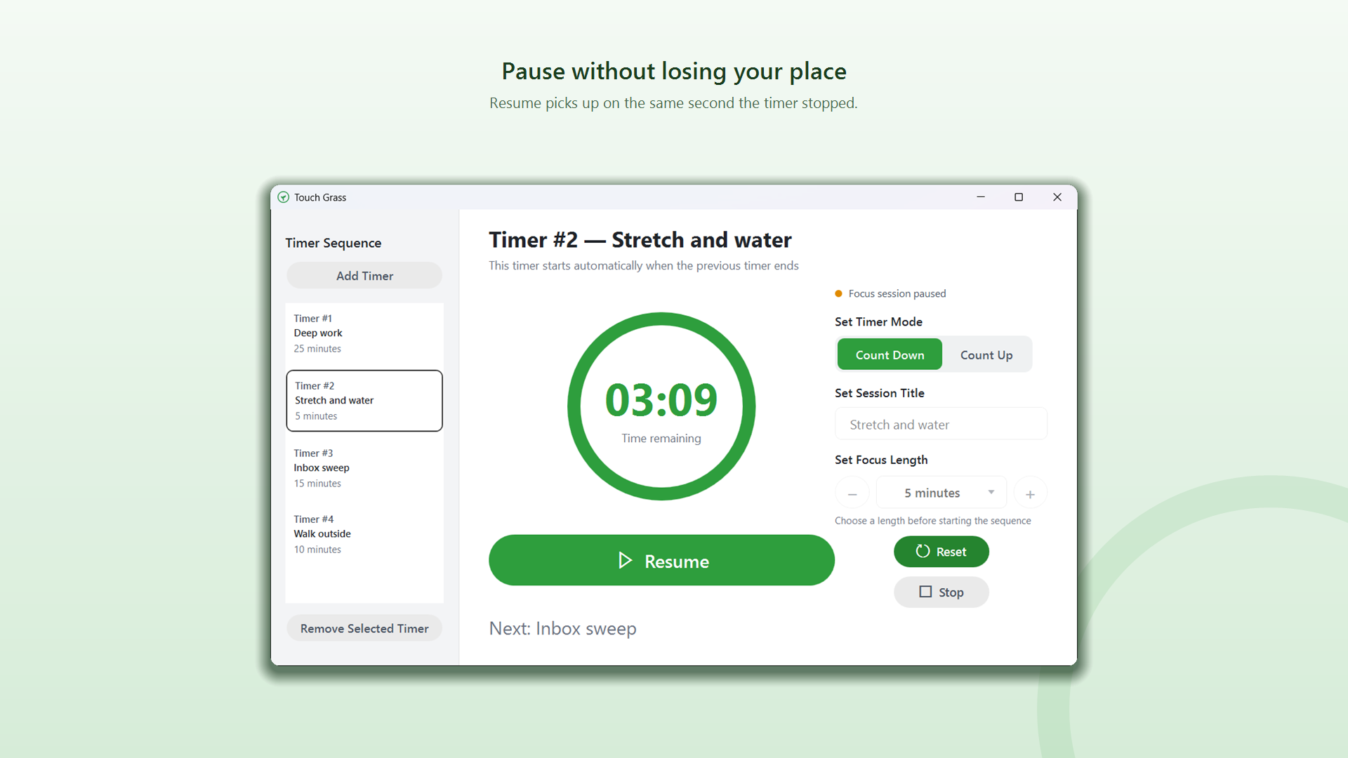 Paused timer with three minutes left and a resume button